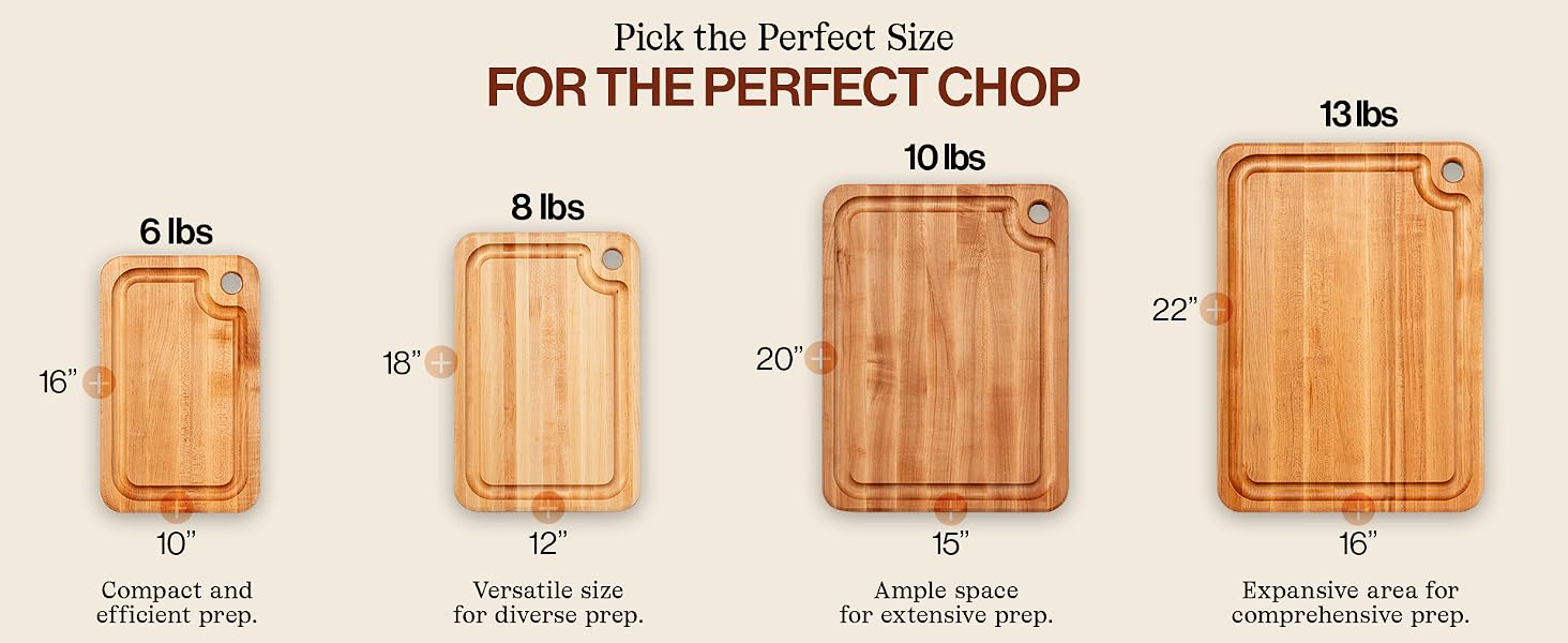 Four sizes of maple cutting boards. Text Reads: Pick the Perfect Size for the Perfect Chop.