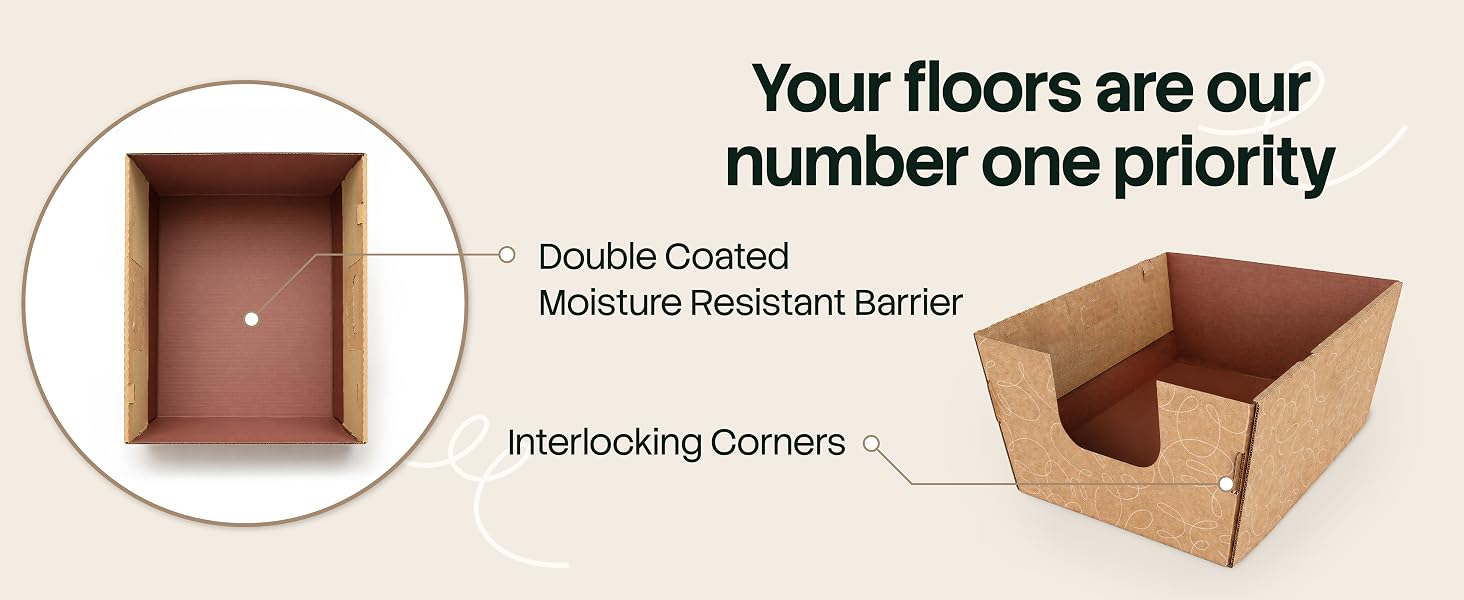 a disposable cat litter box with interlocking corners and coated leak resistant interior.