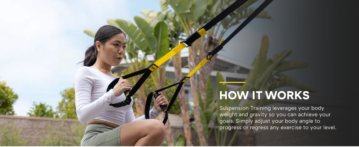 A person toning their arms with a Suspension Trainer. Text reads: Leverage your body weight.