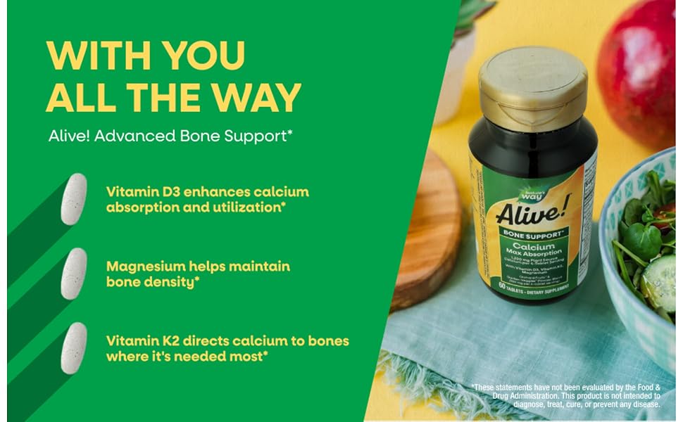 Bottle of Alive! Calcium Max Absorption tablets sitting on a blue napkin next to a salad bowl
