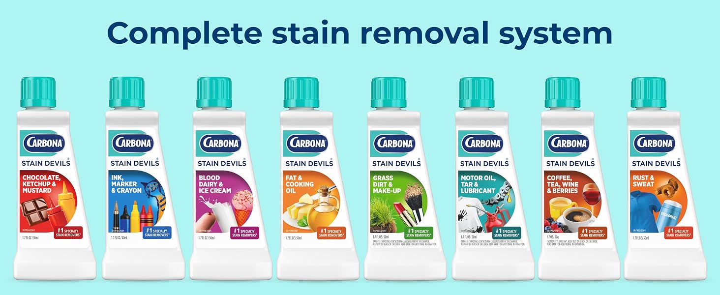 Carbona laundry stain remover collection for treating a variety of common household fabric stains