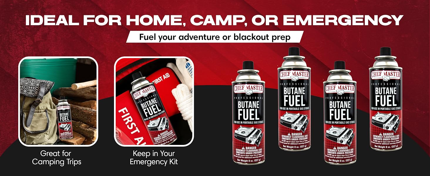 8oz. Butane Fuel Canister by Chef Master, Tin Fuel Refill for Kitchen Torch, Portable Camp Stove