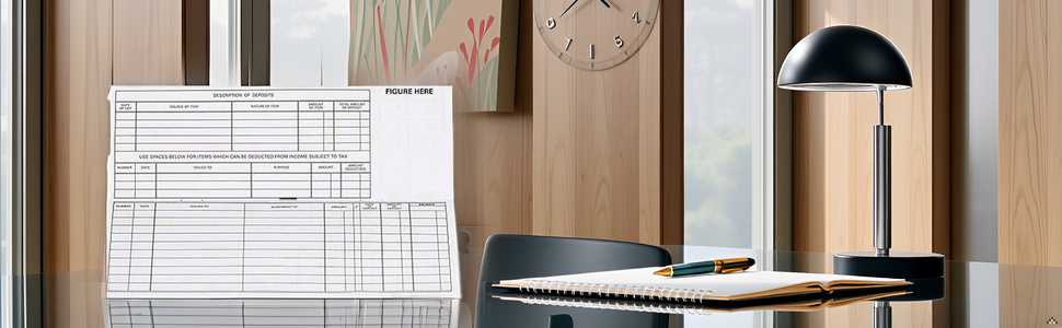 A wooden desk with the product neatly arranged alongside a pen and a calculator.