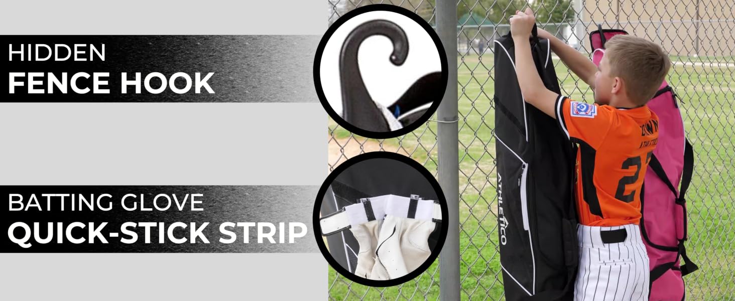 Hidden Fence Hook, tucks-away when not in use; quick stick batting gloves velcro strip
