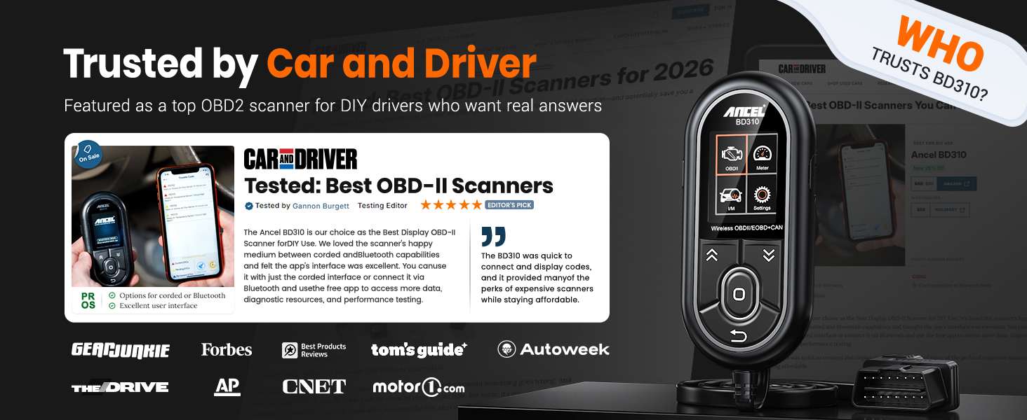 ANCEL BD310 OBD2 scanner featured by Car and Driver and trusted by automotive reviewers