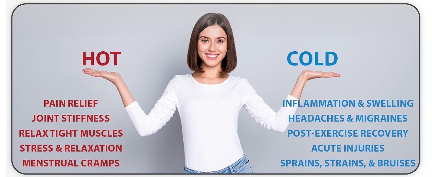 Hot - pain relief, joint stiffness, relax tight muscles, stress &amp;amp; relaxation, menstrual cramps, Cold