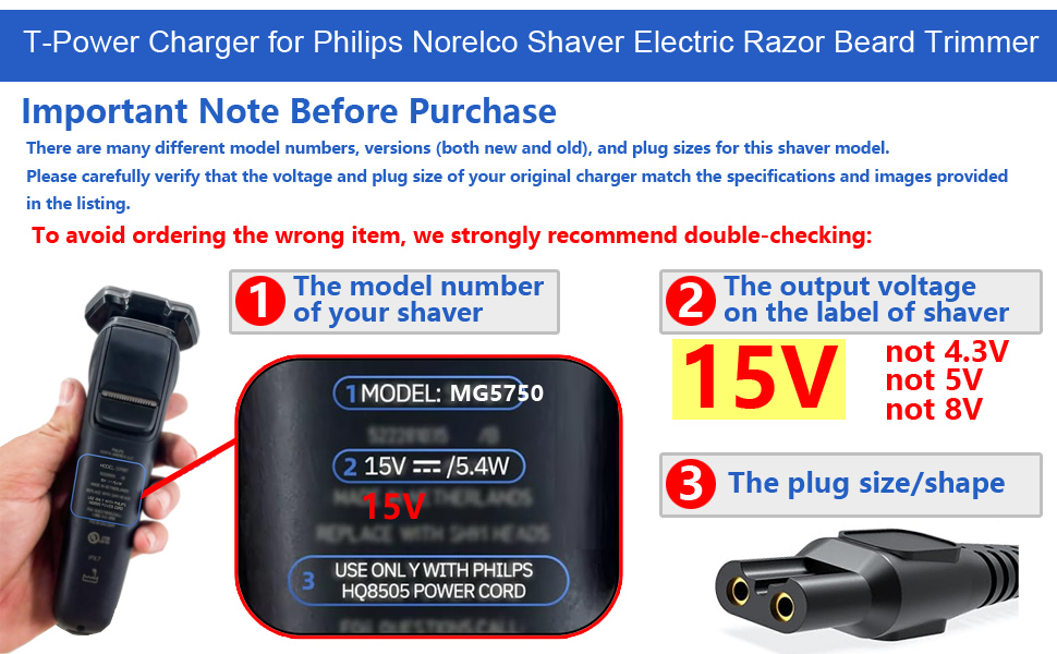 T-Power Charger for 15V Philips norelco Shaver