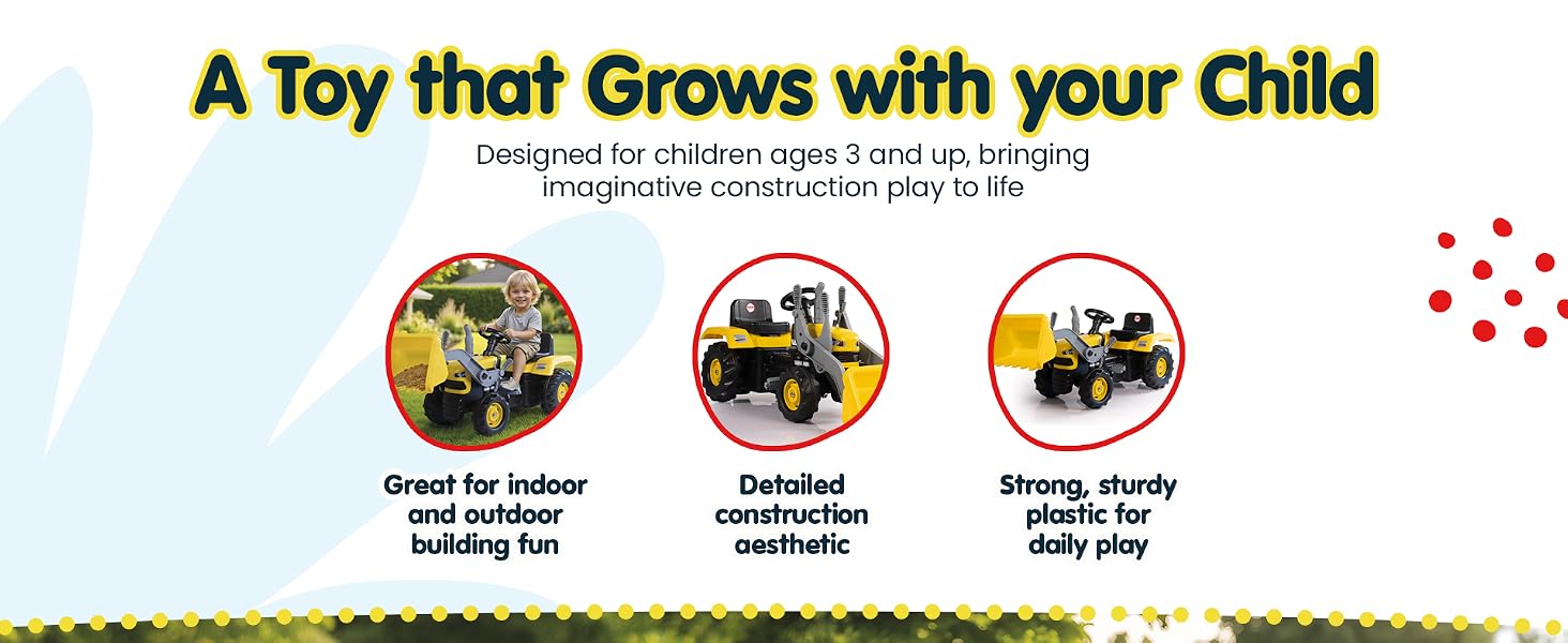 Kids’ tractor showing sturdy design and details.