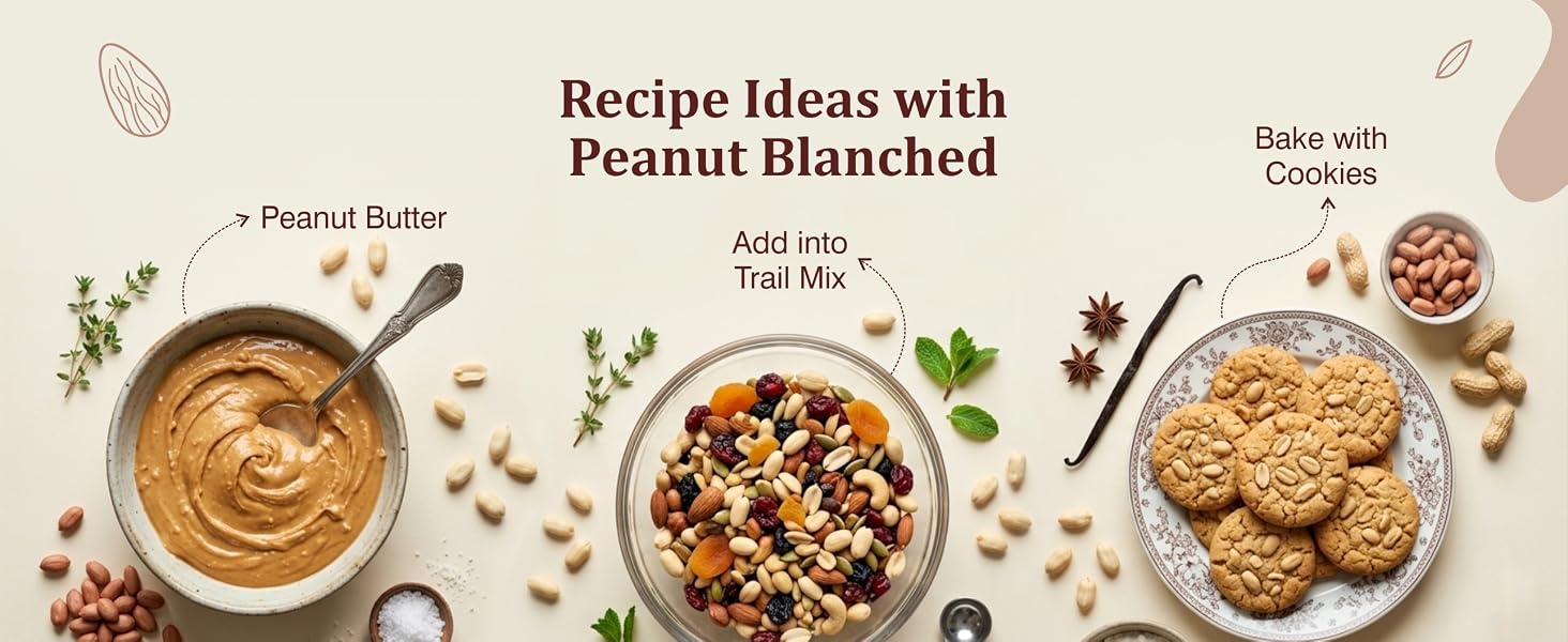 Aiva Blanched Peanuts recipe ideas for snacks, desserts, and meal toppings.