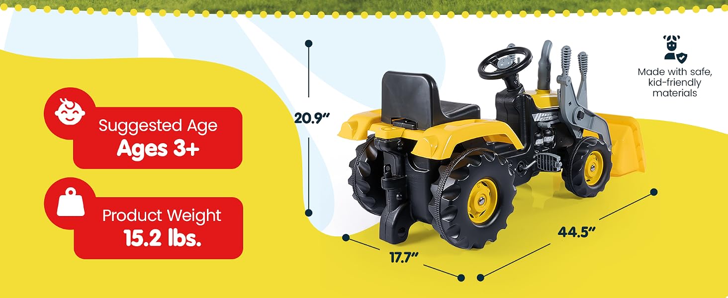 Pedal tractor with product size and specs.