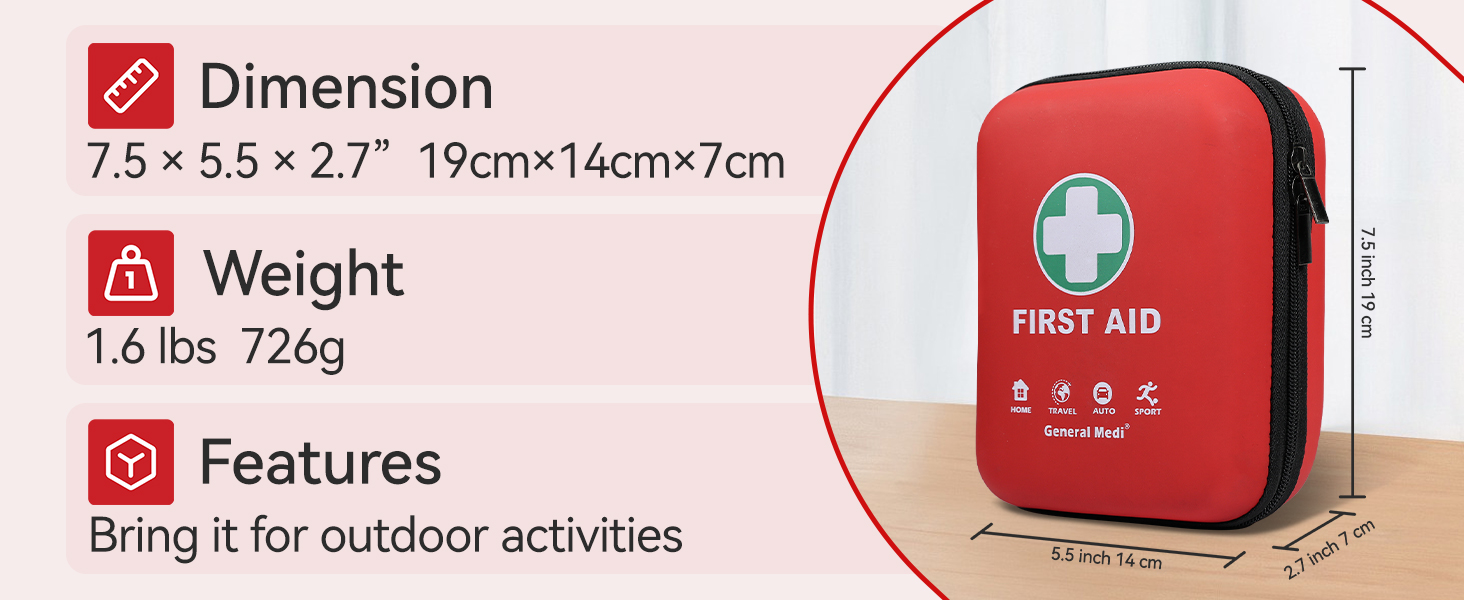 Text reads 'Dimension 7.5×5.5×2.7', 'Weight 875g', 'Features'. Product specification details shown with icons and measurements on white background