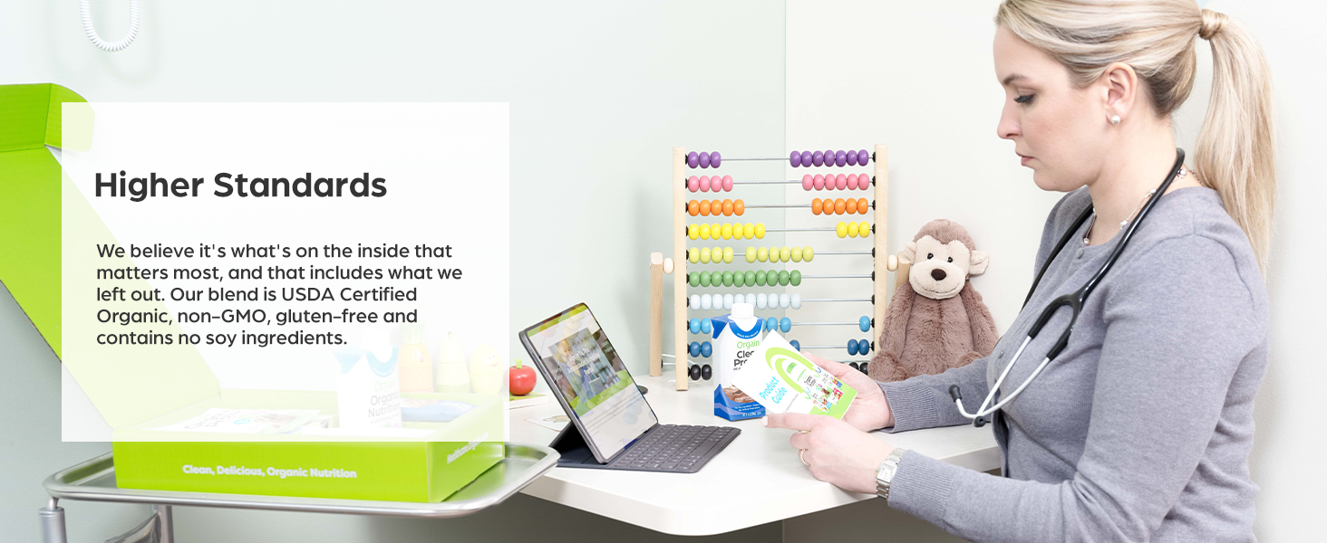higher standards - pediatrician looking at orgain products approvingly