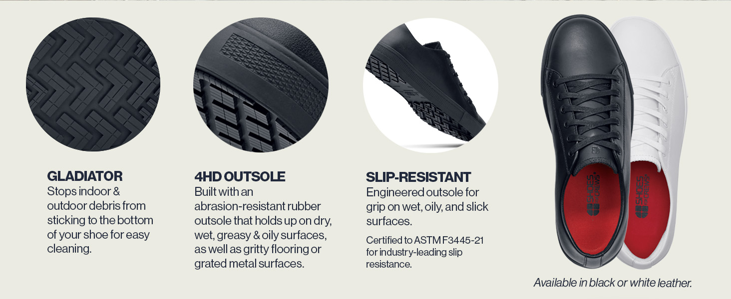 shoe features gladiator grip, 4HD outsole, slip-resistant. available in black or white leather