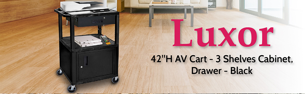 Luxor 42"H AV Cart - 3 Shelves, Cabinet, Drawer - Black