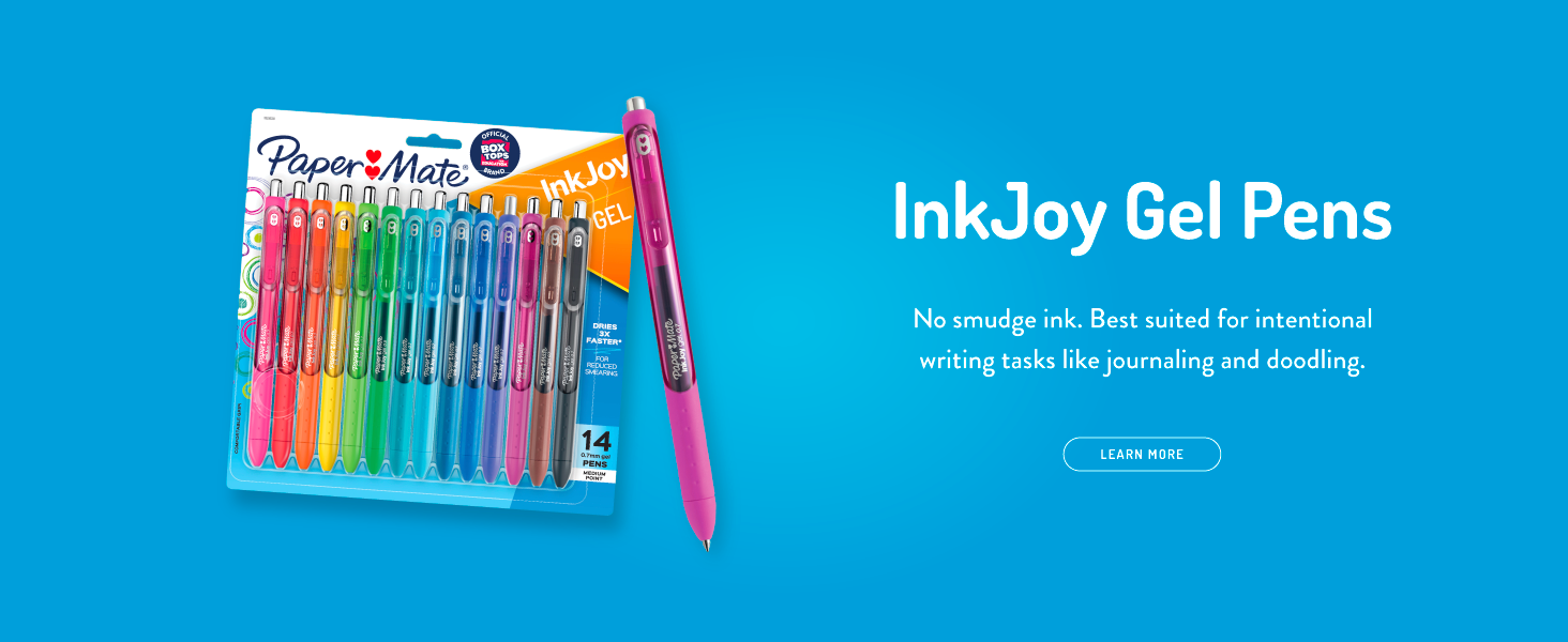 inkjoy gel pens teacher student colorful blue background no smudge intentional writing task journal