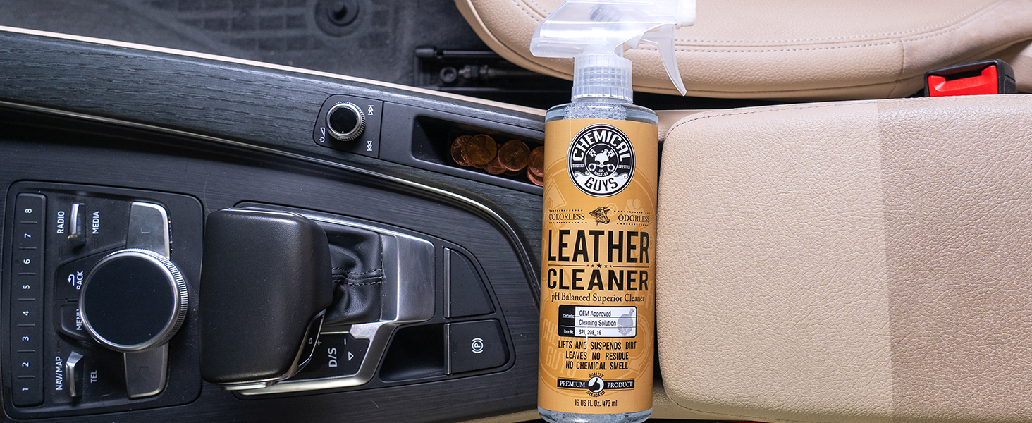 Leather cleaner and conditioner restoring shine to car seats, dashboards, and steering wheels.