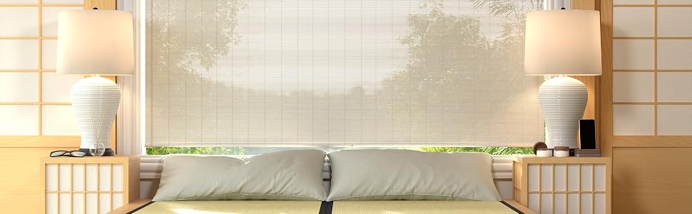 A beautiful modern bedroom with Japanese elements including tatami bed and shoji