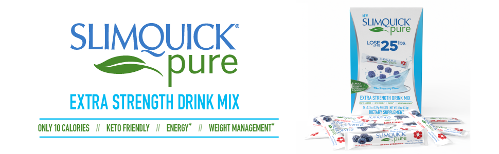 slim quick Pure on the go drink mix on white background with BOX and stick packs.