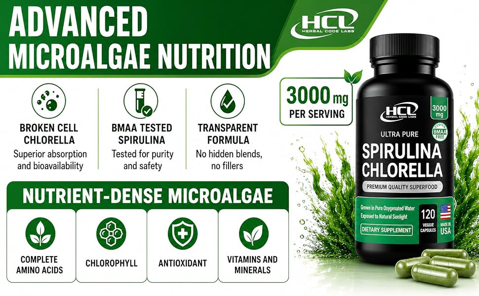 organic spirulina chlorella powder capsules plant protein hcl herbal code labs