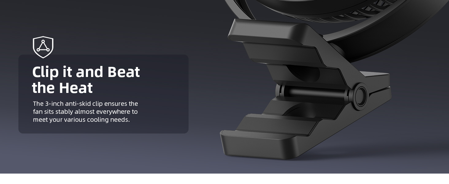 Dark product image with text 'Clip it and Beat the Heat'. Shows part of a device with adjustable clips or grips.