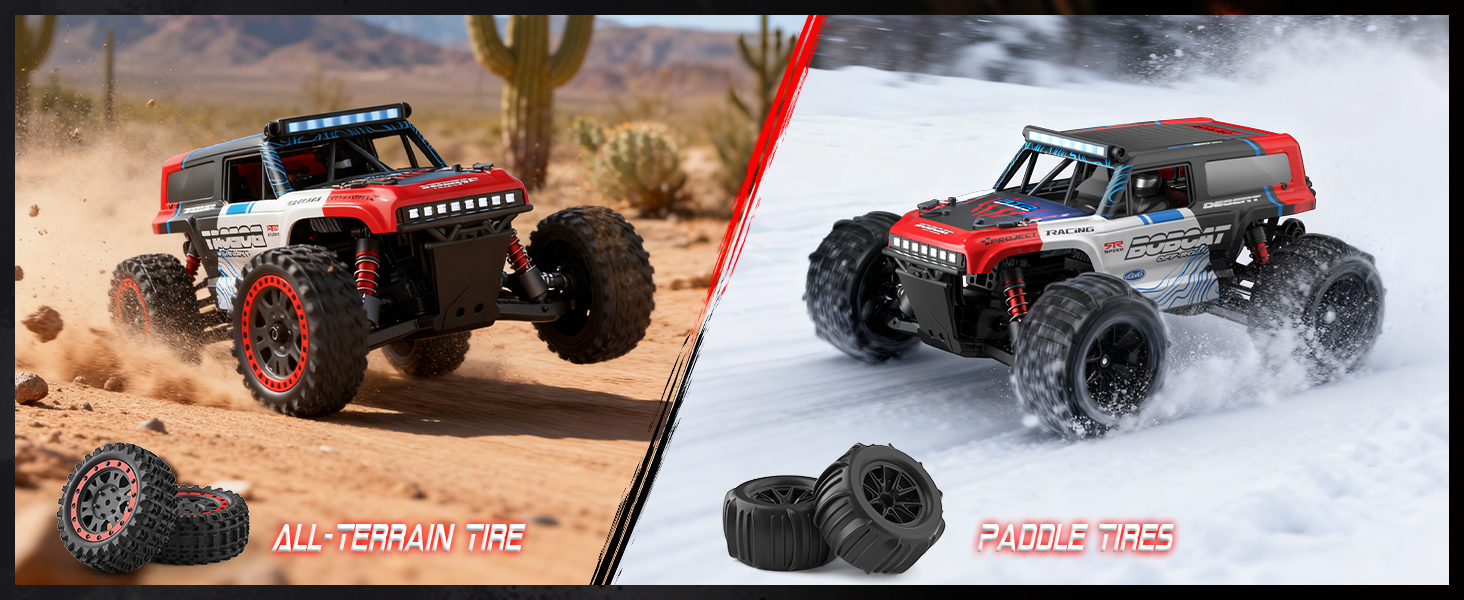 Two tire types: All-terrain for most common roads, paddle for complex uneven ground.​​