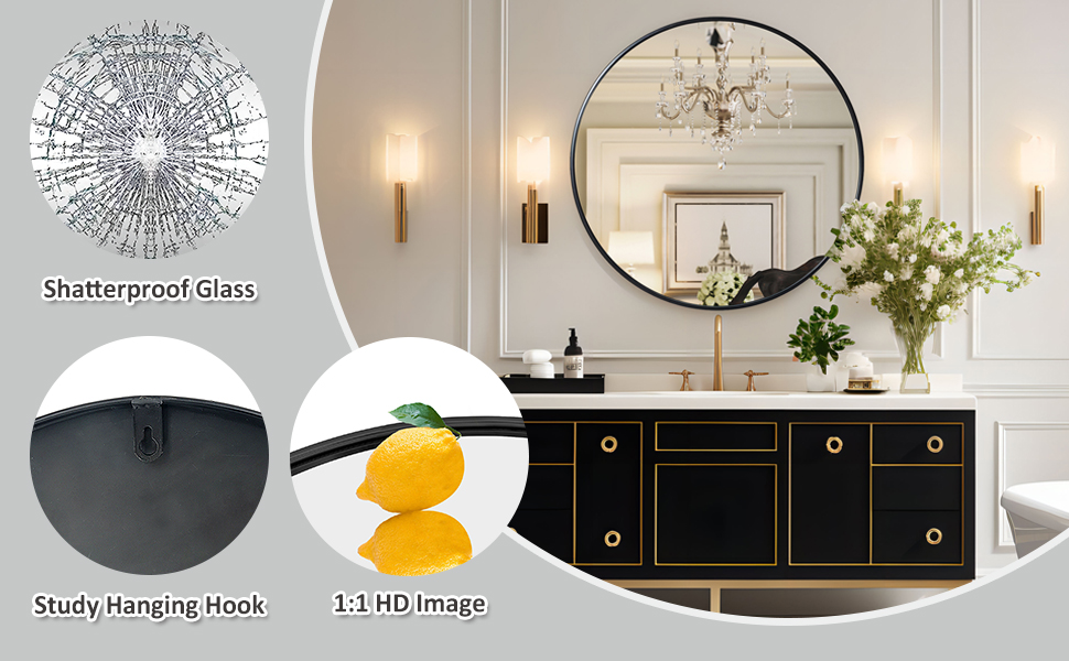 Growsun Round Mirror, Black Bathroom Mirror for Wall