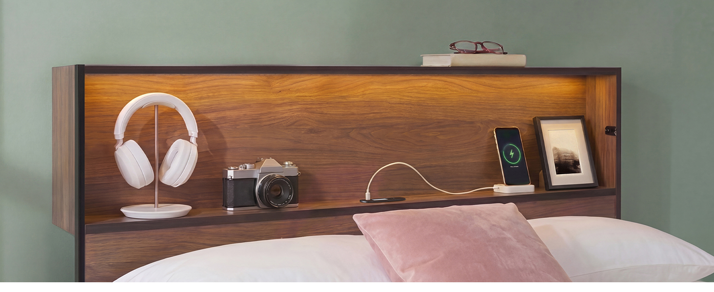 Built in USB A and USB C charging ports on the Zinus Kai headboard with a cable plugged in