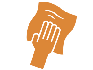 Orange icon illustration showing a hand holding a cleaning cloth or rag in a wiping motion.
