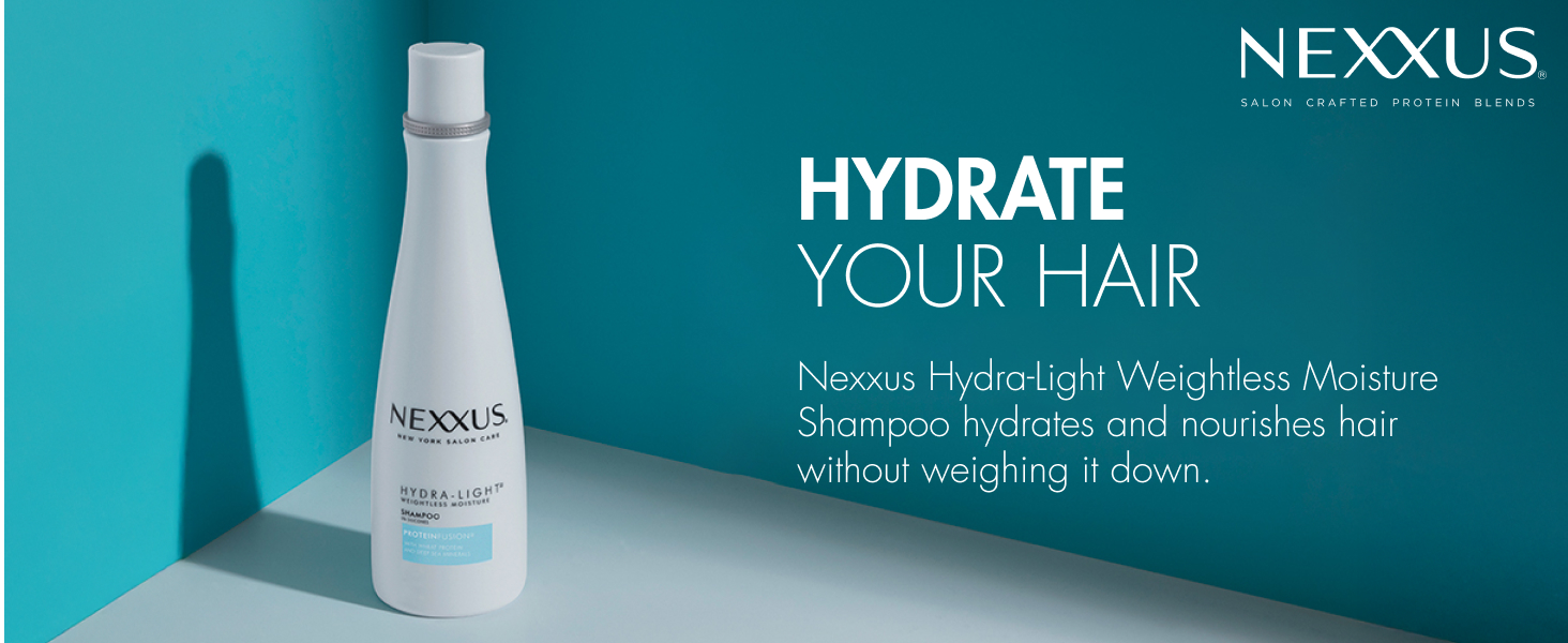 Nexxus Hydra-Light shampoo bottle in a blue corner with text about hydration.
