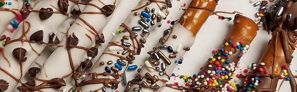 Chooclate Coated Pretzel Rods, White Cocolate Rods, Milk Chocolate Pretzels