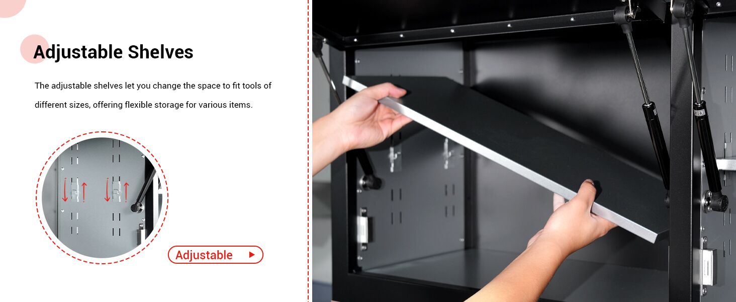 Detailed view of adjustable shelves, designed for flexible arrangement