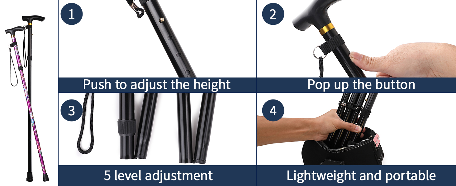 Folding Lightweight Walking Stick - Adjustable Aluminum Metal Collapsible Travel Cane