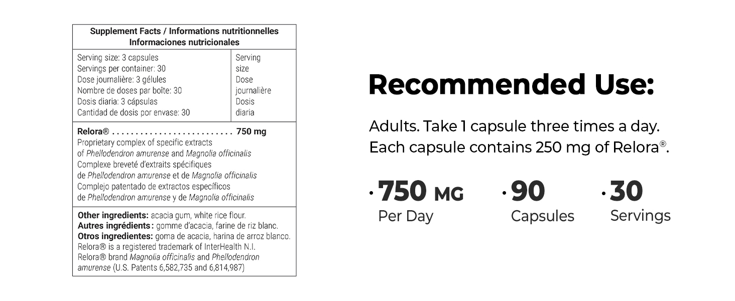 Supplement Facts Relora 750 MG 90 Capsules 30 Servings