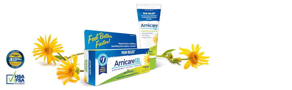 Arnicare Gel box and tube with Arnica flowers