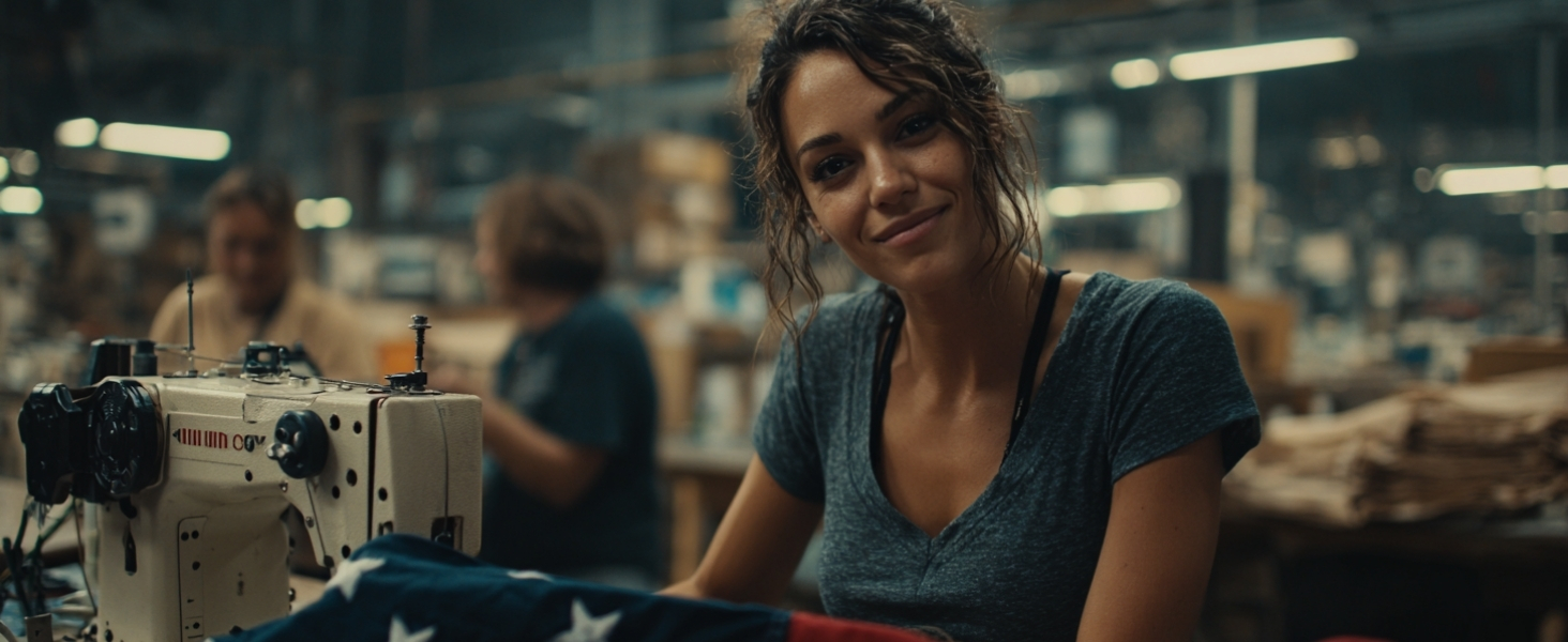 Craftsperson sewing an American flag in a U.S. workshop, highlighting quality workmanship