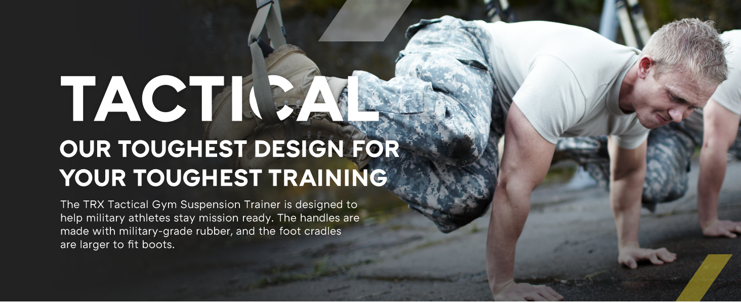 People performing a whole-body workout routine. Text reads: Tactical Suspension Trainer.