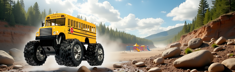 A rugged outdoor scene with the product navigating over rocky terrain and mud puddles.