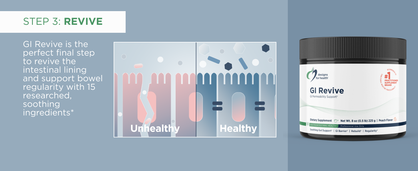 GI Revive promotes healthy GI function by coating and soothing the intestinal lining