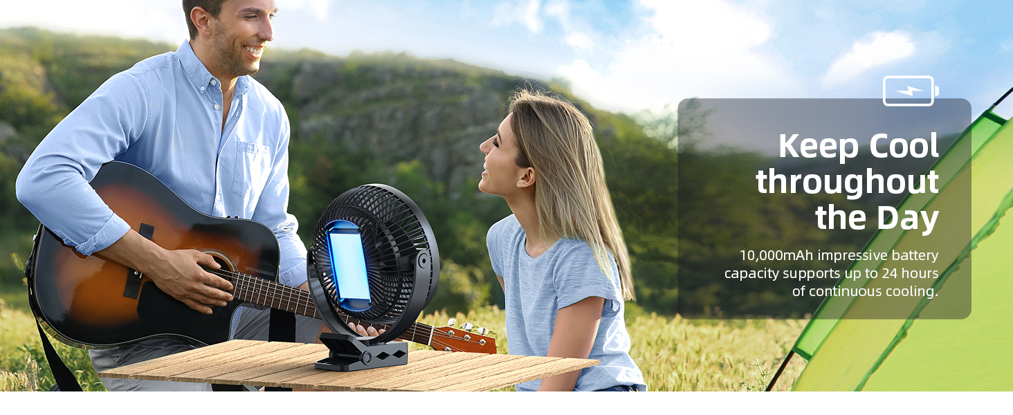 Outdoor scene with two people, one playing guitar. Overlay text reads 'Keep Cool throughout the Day', suggesting a cooling product or service.