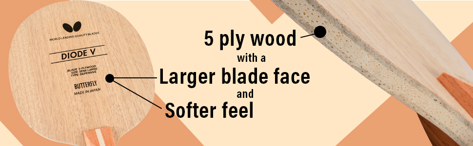 5 ply wood, larger blade face, softer feel
