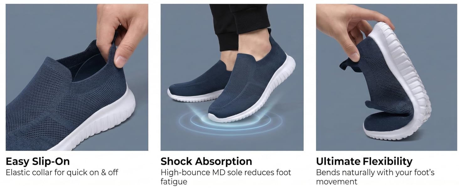 Flexible slip-on men&amp;#39;s sneaker with shock-absorbing sole for easy wear.
