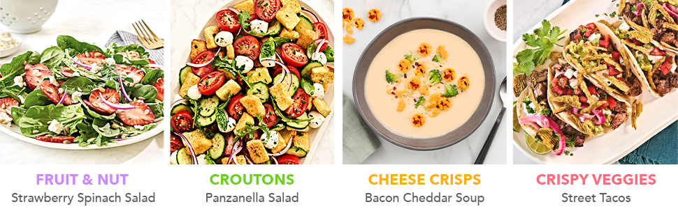 cheese crisp croutons crispy veggies crunchy toppings fruit nuts salad dressing onion butter garlic