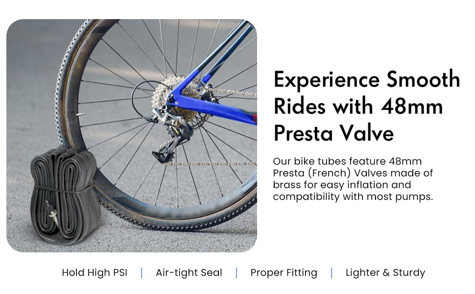 bicycle tire tube has a sturdy 48mm Presta (French) valve
