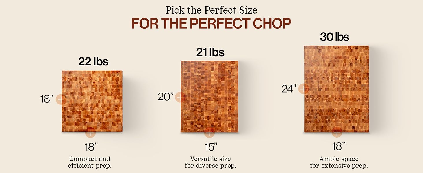 Image of 3 cutting boards in diff sizes. Text reads: Pick the perfect size for the perfect chop.