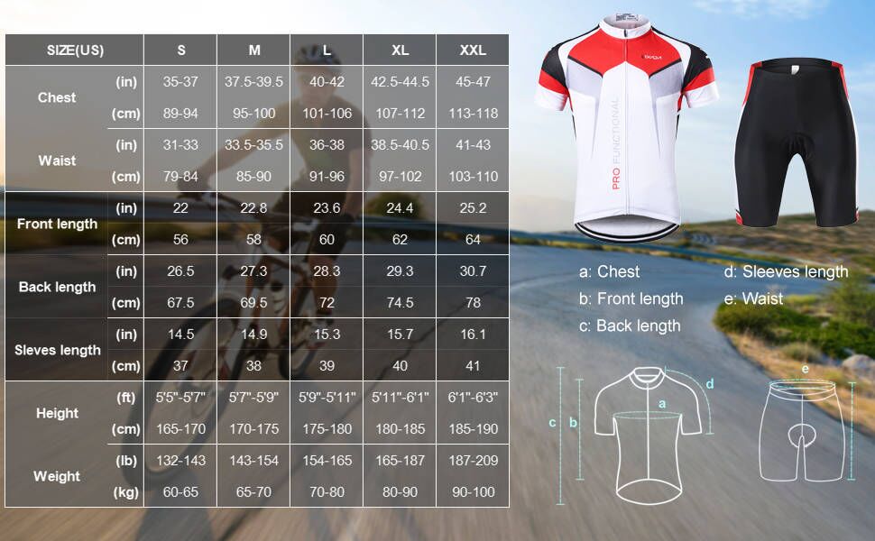 Lixada mens cycling jersey size chart