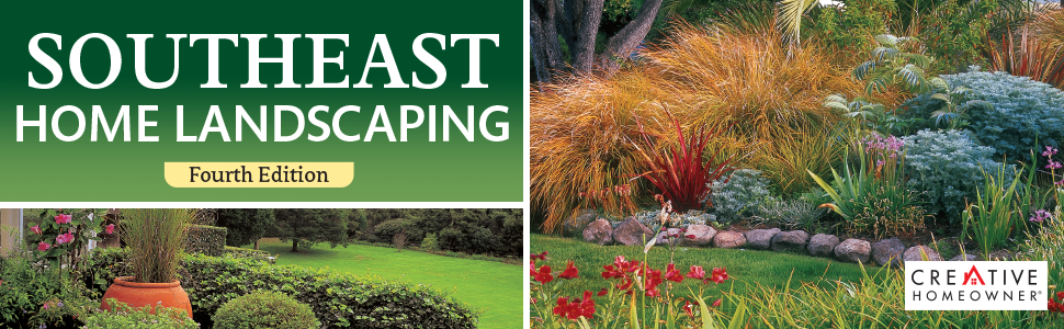 Colorful planted grasses, plants, hedges and flowers, text, Southeast Home Landscaping