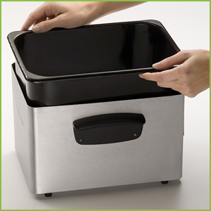 Removable heating element and enameled pot for easy cleaning.