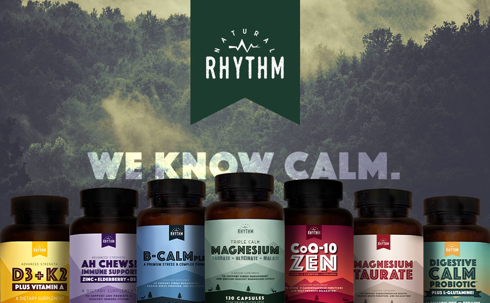 Natural Rhythm. We know calm. Visual of the lineup of Natural Rhythm supplement products.