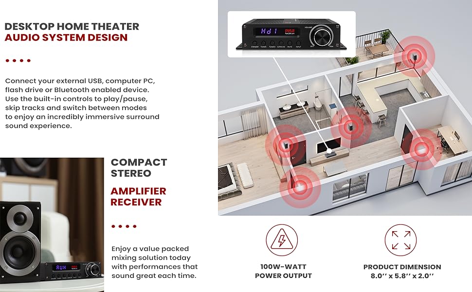 Wireless Bluetooth Home Audio Amplifier;Amplifier;Home Audio;Bluetooth;Wireless;Pyle;Stereo;