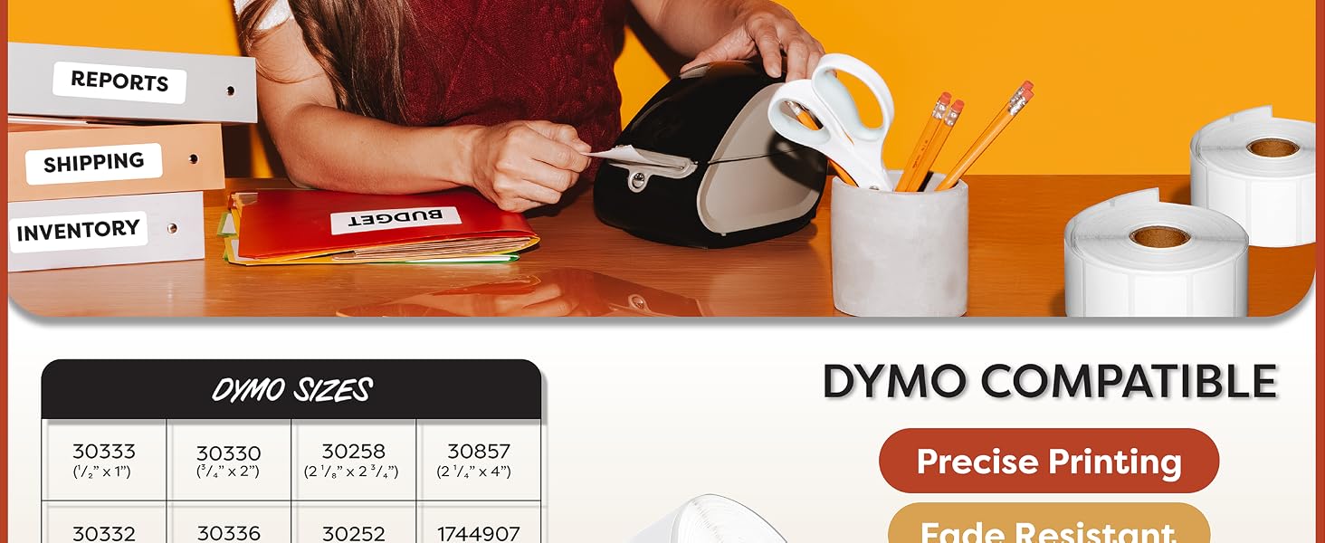 A woman sitting at a desk printing file folder labels with a DYMO LabelWriter 450 printer.
